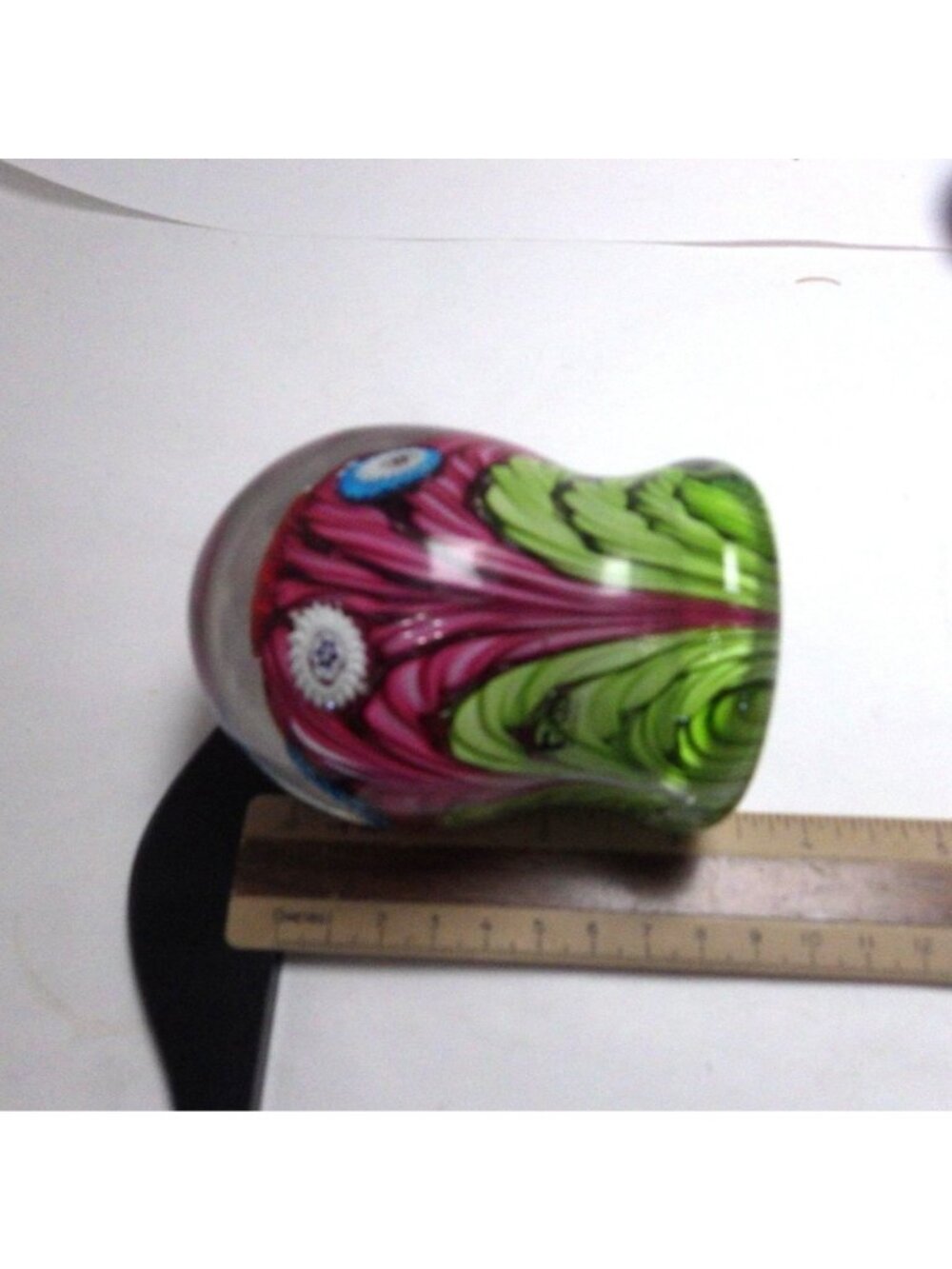 Fratelli Toso Murano Paperweight Globe Green Red Ribbons Millefiori Flower - Picture 10 of 11